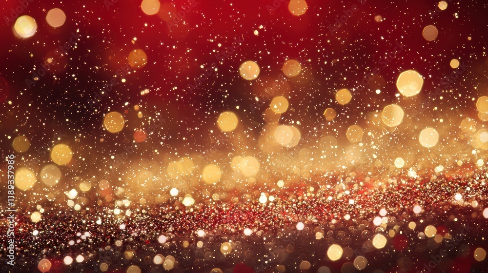Red background with snowflakes and amber gold bokeh lights Red background with snowflakes and amber gold bokeh lights