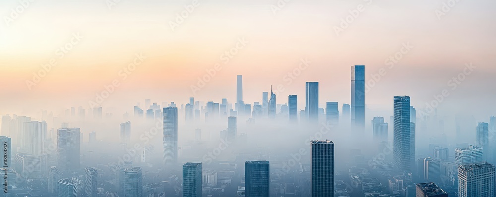 Fototapeta premium A serene skyline emerges through mist, showcasing tall buildings against a soft, colorful dawn.
