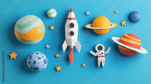 Paper craft rocket blasts off with planets, astronaut in outer space. Colorful planets, stars. Kids art project. Educational toy. Creative design. Space exploration theme. Imaginative universe. photo