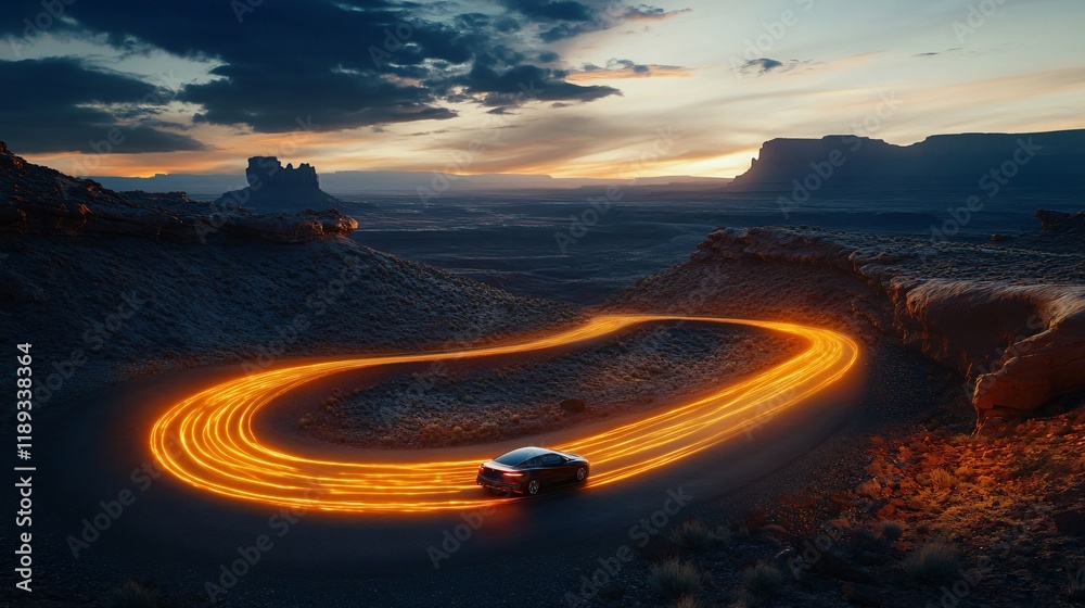 Fototapeta premium Car on Winding Road with Glowing Path at Sunset in Scenic Landscape