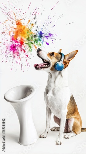 Whimsical dog in headphones beside vibrant boneshaped speaker photo