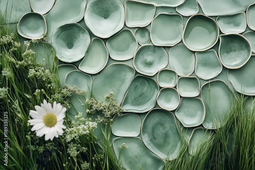 A creative collage of green ceramic plates resembling nature and harmony