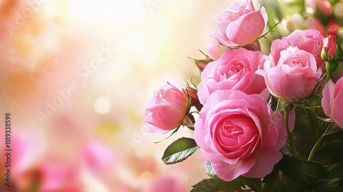 Pink Roses in Soft Light: A delicate bouquet of blushing pink roses, their petals softly unfurling, bathed in a warm, gentle light.  The image evokes feelings of romance, serenity, and springtime joy.