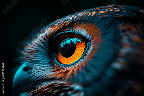 Detailed portrait of a brown owl with piercing orange eye, showcasing intricate feather patterns and vibrant colors photo