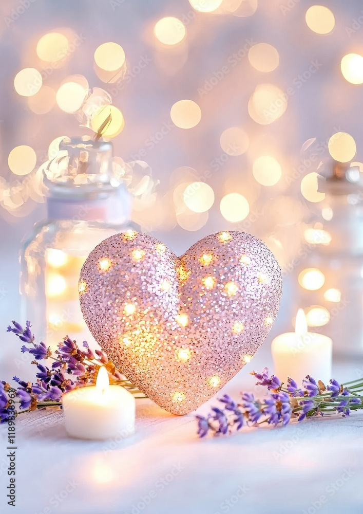 Glittering heart with glowing lights, lavender flowers, and candles in dreamy ambiance Glittering heart with glowing lights, lavender flowers, and candles in dreamy ambiance