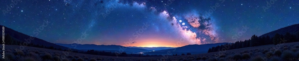 Starry night sky with Milky Way arch shining above a field of trees and hills, landscape, atmosphere, hills