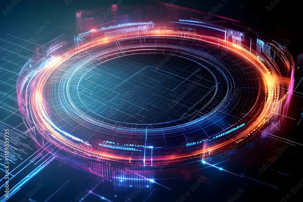 Futuristic digital interface, glowing ring, abstract technology, dark background, data processing concept, website banner Futuristic digital interface, glowing ring, abstract technology, dark background, data processing concept, website banner