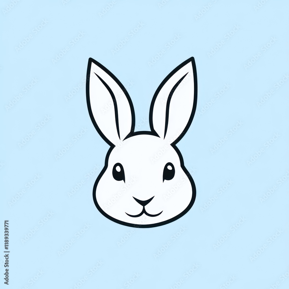 Obraz premium White rabbit cartoon head, pastel blue background, simple design, children's illustration