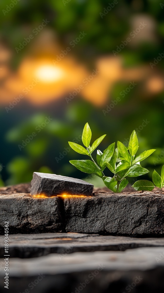 Glowing stone rests on wood peaceful sunset background. AI Generated Glowing stone rests on wood peaceful sunset background. AI Generated
