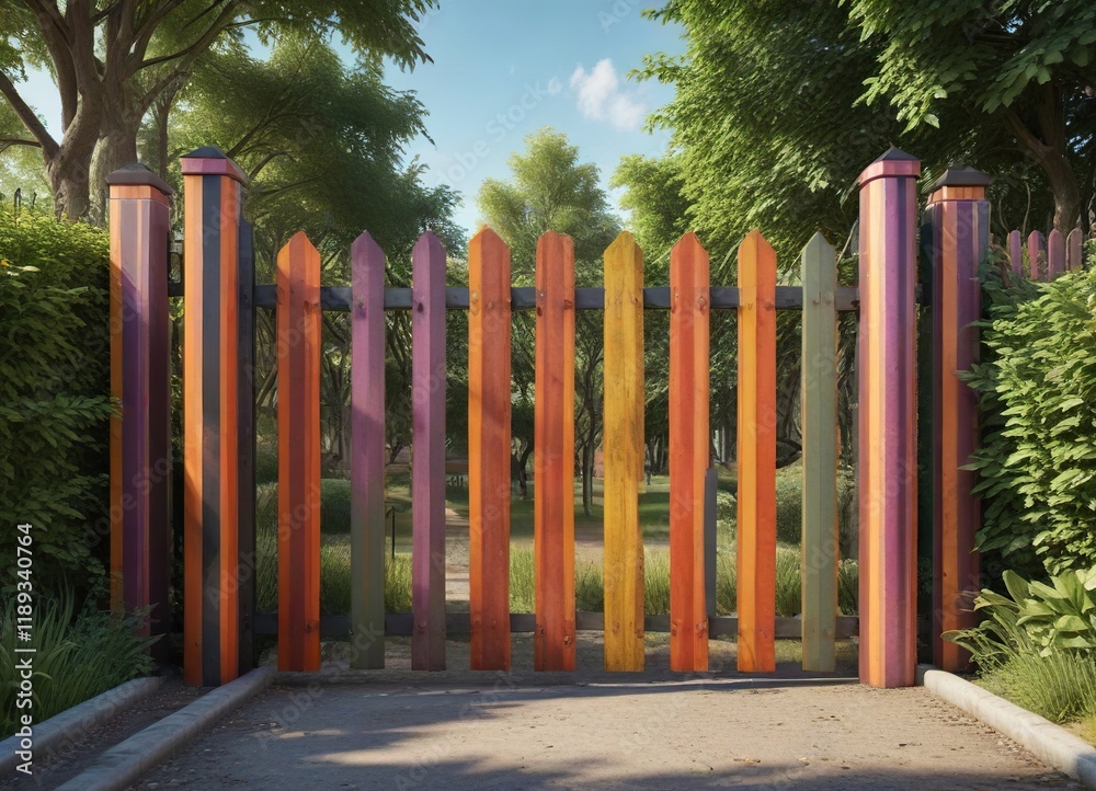 Striped barrier at the entrance to a park or garden, flowers, garden Striped barrier at the entrance to a park or garden, flowers, garden