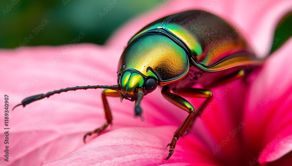 Naklejka premium Iridescent Beetle on Pink Flower: A Close-Up Macro Study