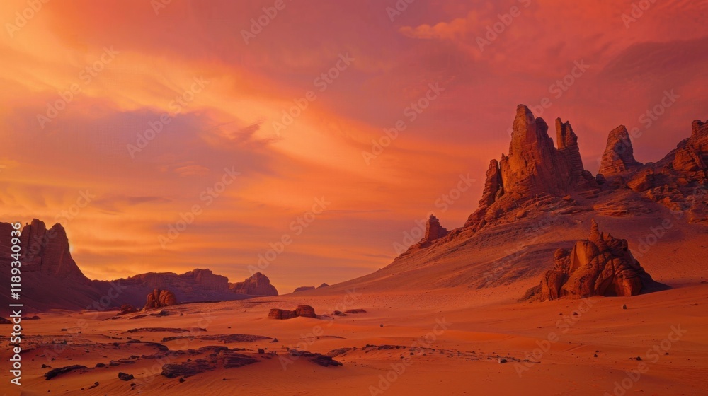 Naklejka premium a surreal desert landscape ablaze with vibrant hues of orange and pink, white space in the center of the page for text, bold rock formations and shifting sands under a fiery sky