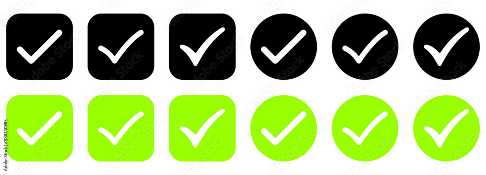 Check mark icon set, checkbox or approved symbol in circle and square shapes, tick sign with green and black colors, Check mark icon set, checkbox or approved symbol in circle and square shapes, tick sign with green and black colors,
