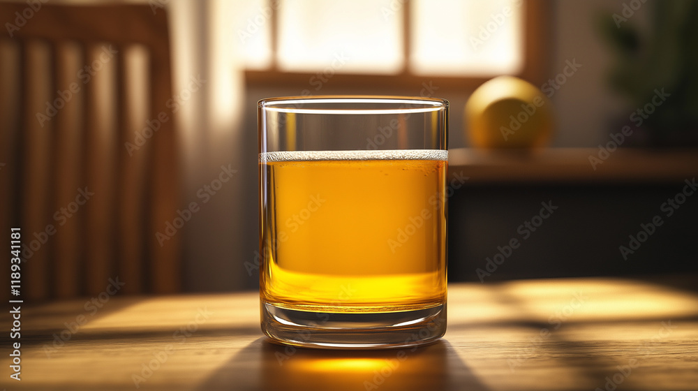 Glass of golden apple juice on wooden table with sunlight streaming through window, warm rustic setting, refreshing and natural healthy drink concept. Glass of golden apple juice on wooden table with sunlight streaming through window, warm rustic setting, refreshing and natural healthy drink concept.
