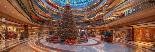 Stunning Christmas Tree Display in a Festive Shopping Mall Atrium with Holiday Decor. photo