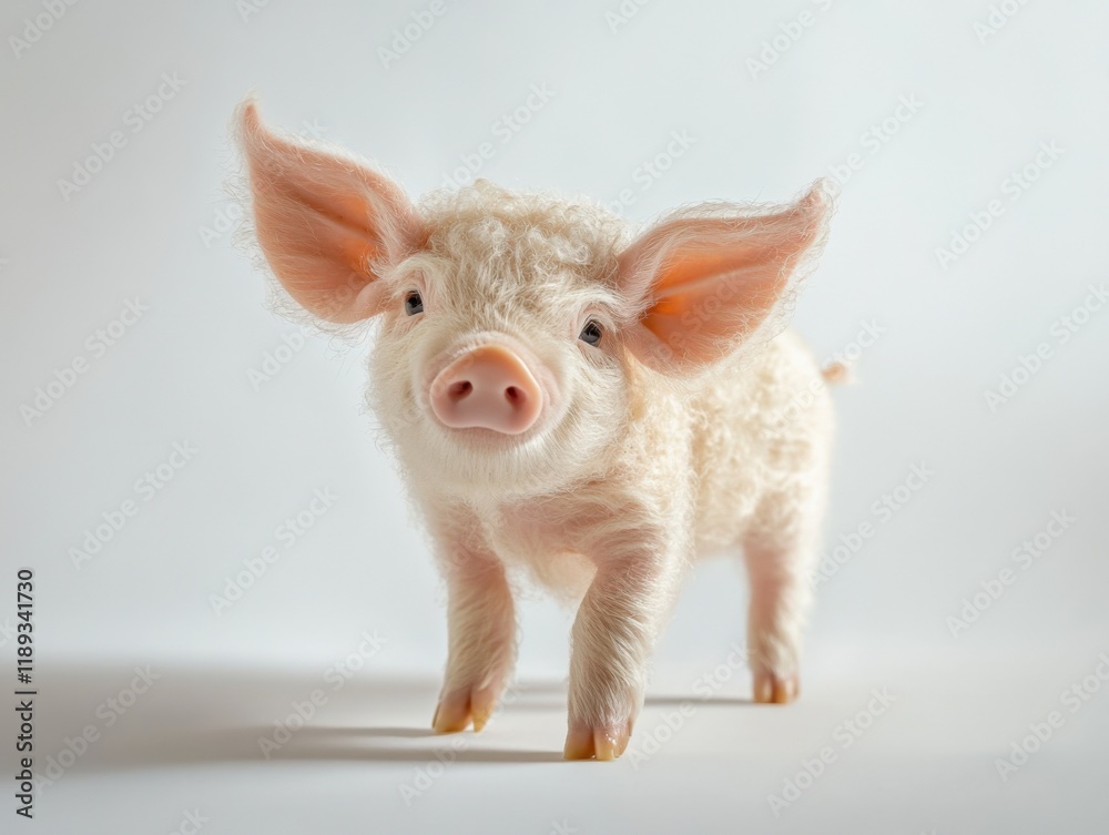 Fototapeta premium a light colored piglet with large ears walks toward the camera