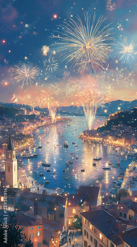 A vibrant waterfront scene illuminated by fireworks over a peaceful harbor at night. A vibrant waterfront scene illuminated by fireworks over a peaceful harbor at night.