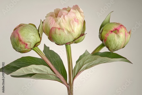 three peony flower buds, one in bloom, with green leaves