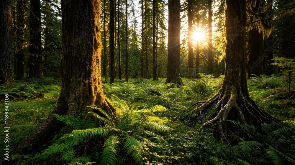 Obraz premium A tranquil forest scene with tall trees and ferns illuminated by soft sunlight filtering through the leaves.