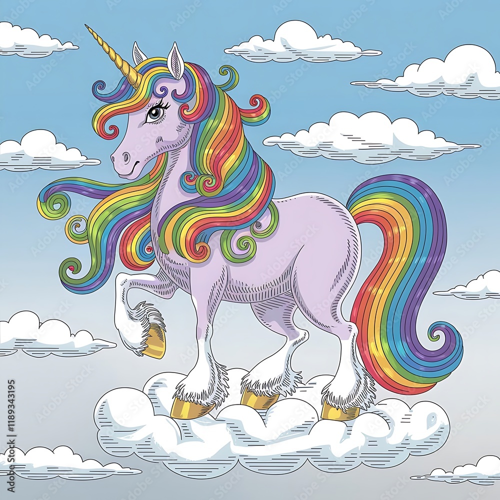 Fototapeta premium Majestic Cute Rainbow Unicorn coloring page for kids adult activity book Sketch Silhouette clipart