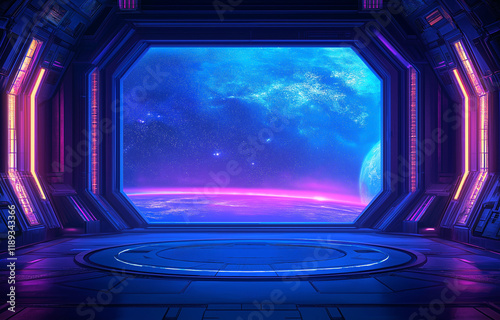 Futuristic space station window view of glowing Earth, sci-fi interior with neon purple and blue lighting, advanced cosmic exploration theme, space travel.