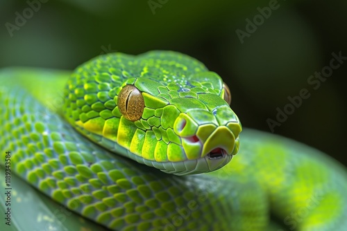 Trimeresurus macrops, a stunning green snake, rests on lush foliage in a tropical rainforest setting during the early morning, showcasing its vibrant colors and unique features