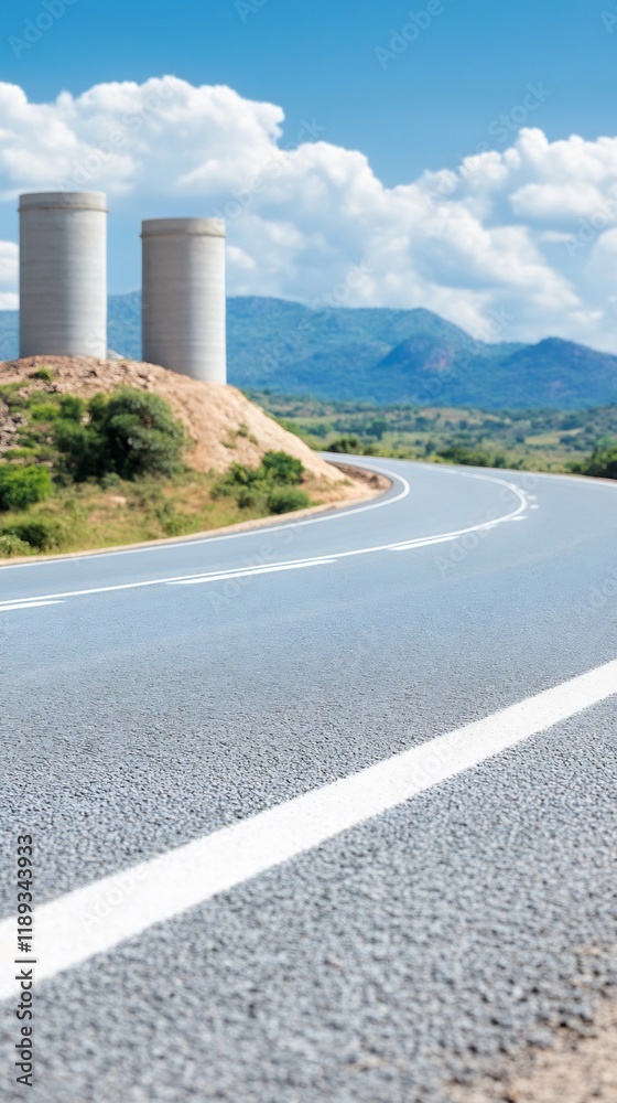 Serene winding road curves gently past tall grey towers under bright sunny sky. AI Generated Serene winding road curves gently past tall grey towers under bright sunny sky. AI Generated