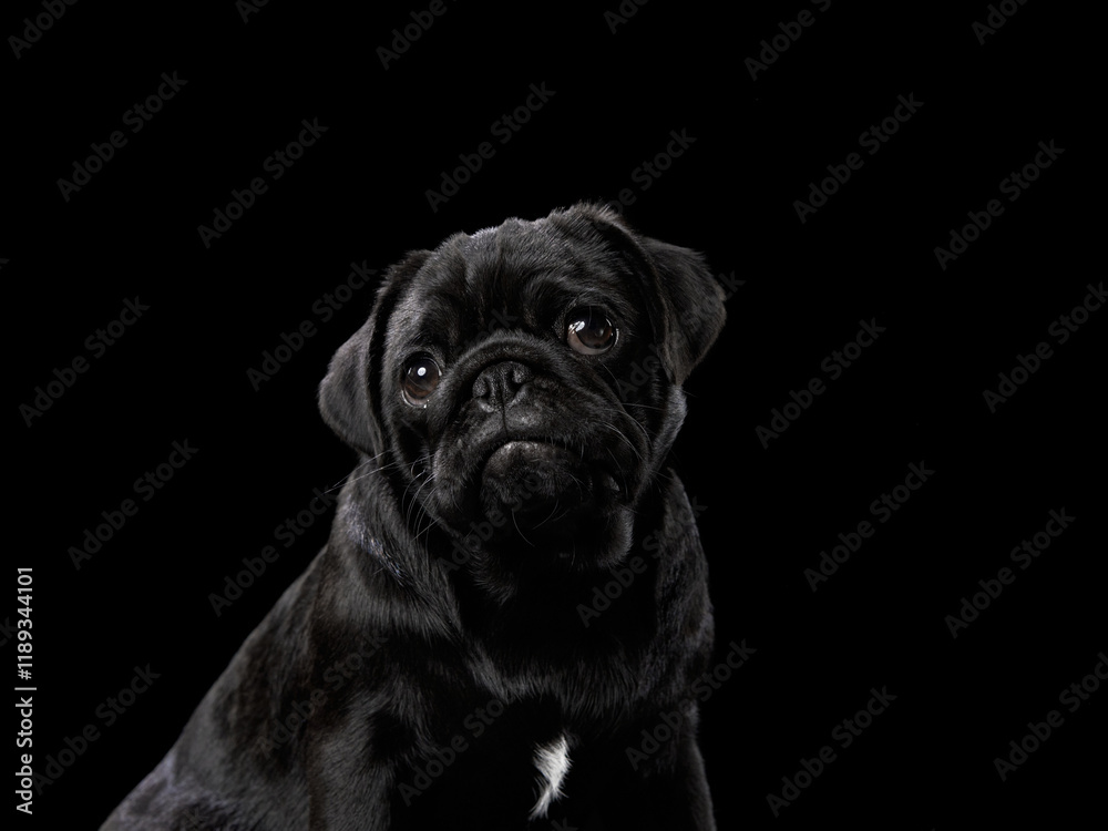 Fototapeta premium A black Pug sits with a wrinkled, endearing expression against a dark background. The lighting highlights its facial texture and glossy fur.