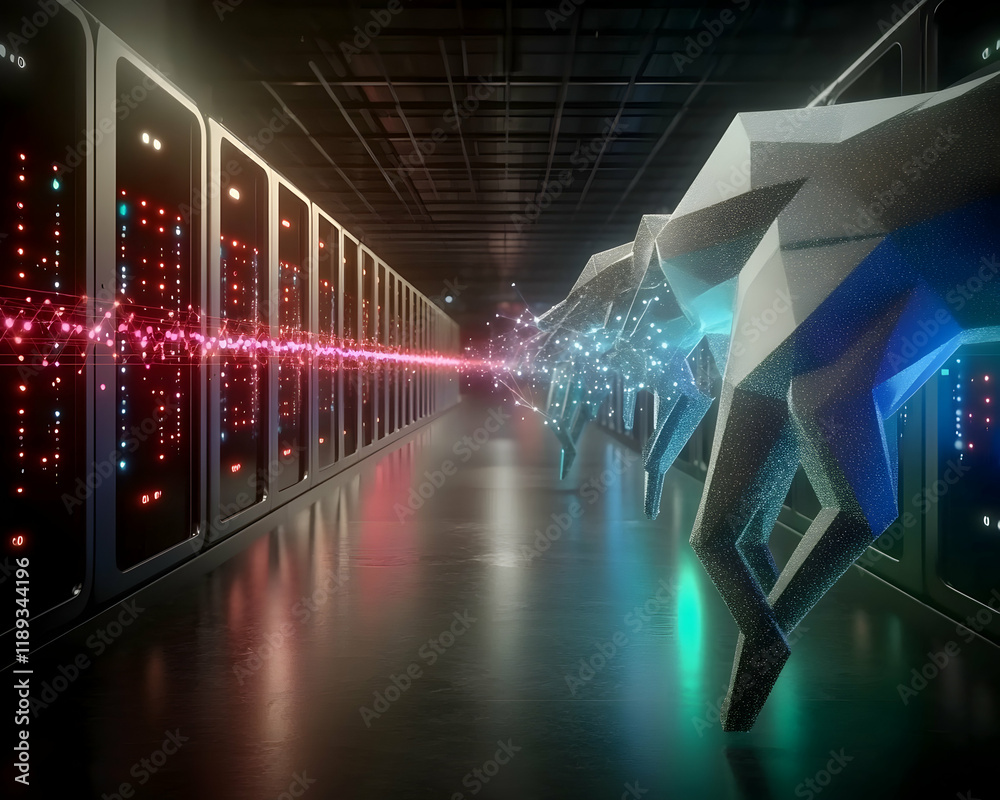 Futuristic server room, data transfer, robotic hands, digital energy flow, technology concept, stock image