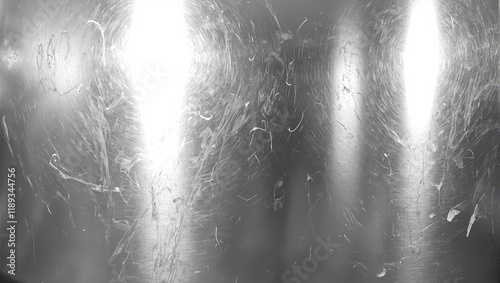 Futuristic industrial metallic surface with scratches and smudges reflecting light photo