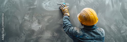 A worker smoothing out joint compound on drywall, capturing the dusty, detailed work involved.