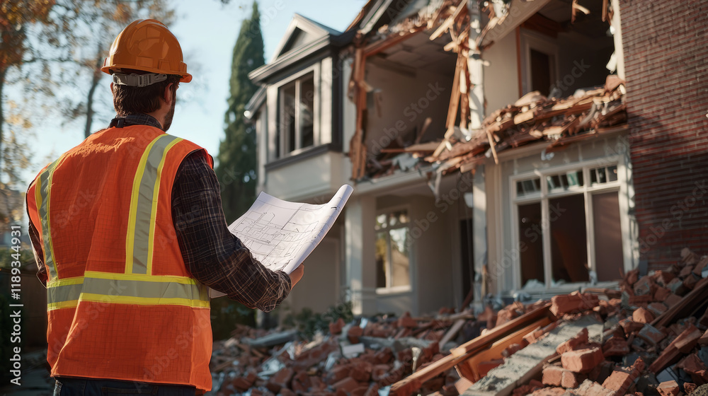 Engineer inspecting structural damage on a house after an earthquake.