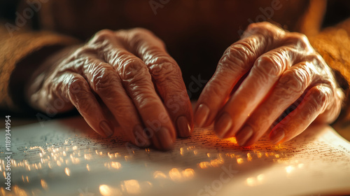 hands in focus reading Braille on a paper sheet. photo