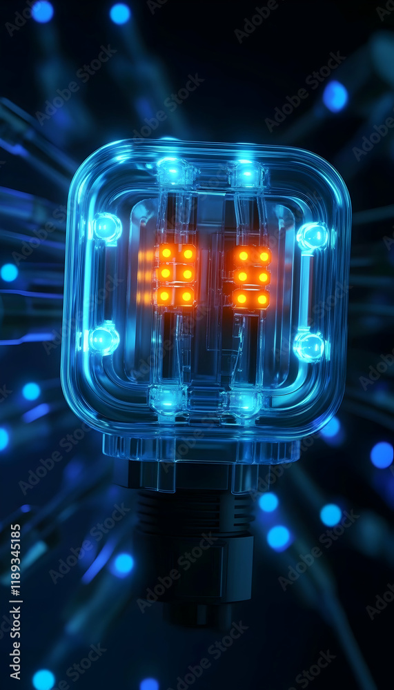 Futuristic transparent cube device glowing with orange lights, surrounded by fiber optic cables, depicting technological advancement and innovation for tech websites and presentations Futuristic transparent cube device glowing with orange lights, surrounded by fiber optic cables, depicting technological advancement and innovation for tech websites and presentations