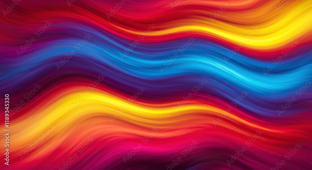 Fototapeta premium Vibrant Wave Abstract: A mesmerizing abstract artwork featuring dynamic, flowing waves of vibrant red, yellow, and blue hues. The colors blend seamlessly, creating a captivating visual experience.