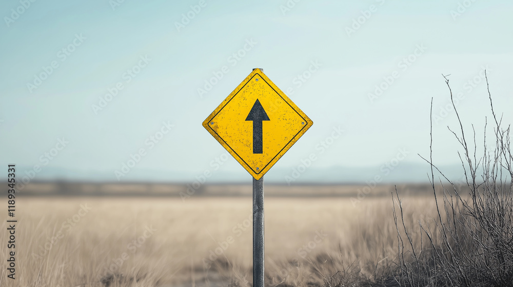 Yellow road sign with upward arrow on empty highway against clear blue sky, minimalistic transportation and travel concept in rural scenic landscape. Yellow road sign with upward arrow on empty highway against clear blue sky, minimalistic transportation and travel concept in rural scenic landscape.