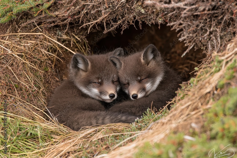 A pair of arctic foxes curled up together in a den, sheltered from the biting Arctic wind. A pair of arctic foxes curled up together in a den, sheltered from the biting Arctic wind.