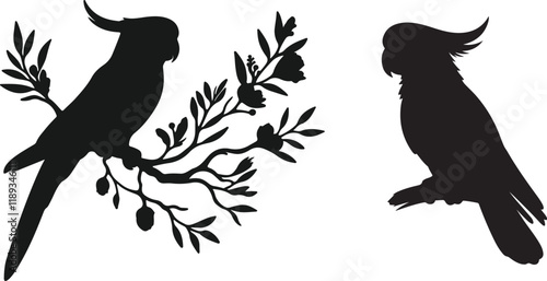 set of cockatoo bird sitting on tree branch silhouette design vector art illustration