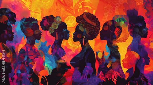A vibrant and diverse illustration celebrating Black History Month, featuring silhouettes of individuals in various colors, symbolizing unity and cultural pride