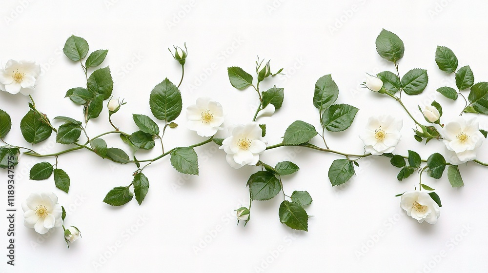 Fototapeta premium White Rose Vine Border: Delicate white roses with lush green leaves form a graceful border, adding a touch of elegance and natural beauty to any design. 