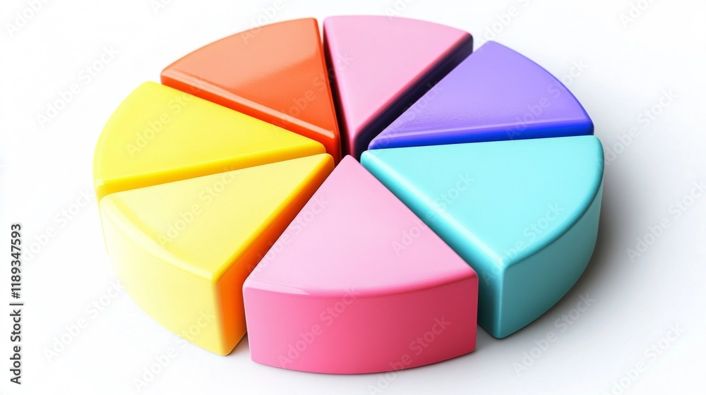 Obraz premium A top-down view of a D pie chart, emphasizing the varying sizes of segments representing sales data, set against a smooth white background for clarity.