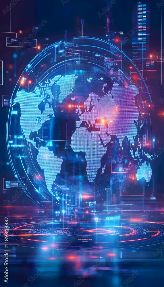 Obraz premium Global network connection, data visualization, futuristic technology, digital world map, glowing lights, background abstract