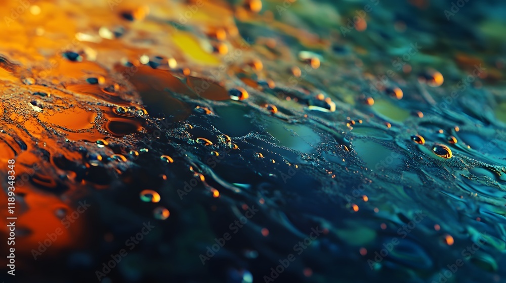Abstract Close-up of Colorful Water Droplets on a Surface Abstract Close-up of Colorful Water Droplets on a Surface