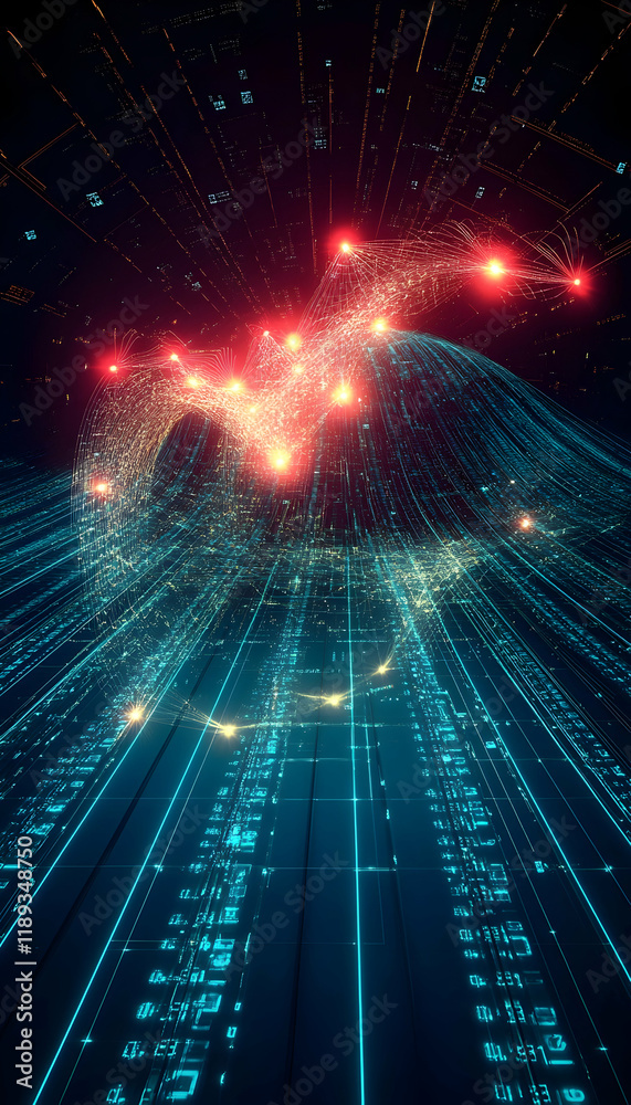 Obraz premium Global network connection, digital data streams, futuristic technology, glowing lines, abstract background, ideal for tech websites or presentations