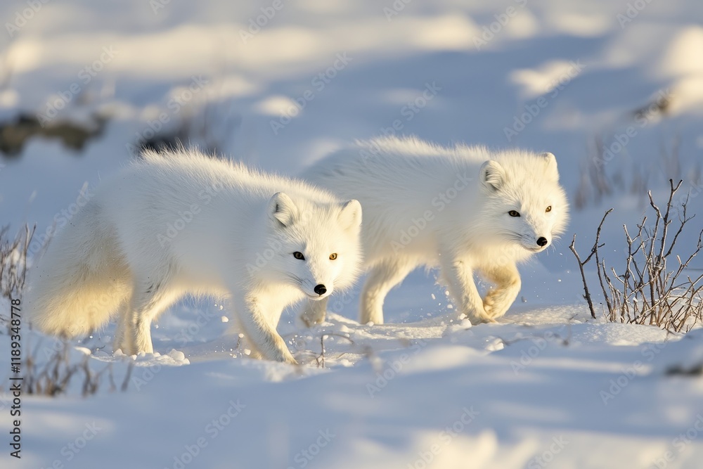 Obraz premium A pair of Arctic foxes with fluffy white fur, playfully chasing each other on snow-covered tundra.