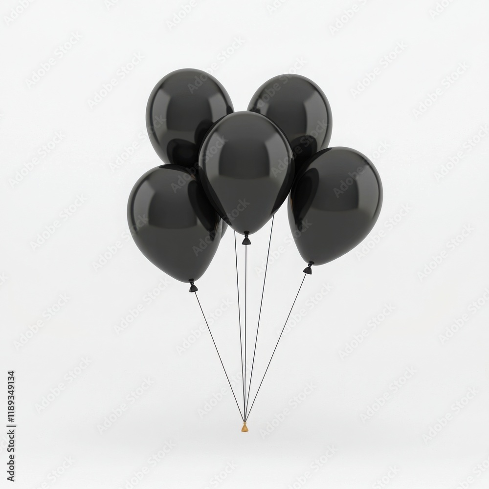 A cluster of glossy black balloons floating in front of a stark white background, creating a modern 