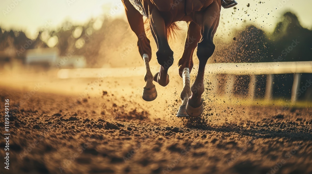 Obraz premium Intense horse racing at golden hour on track