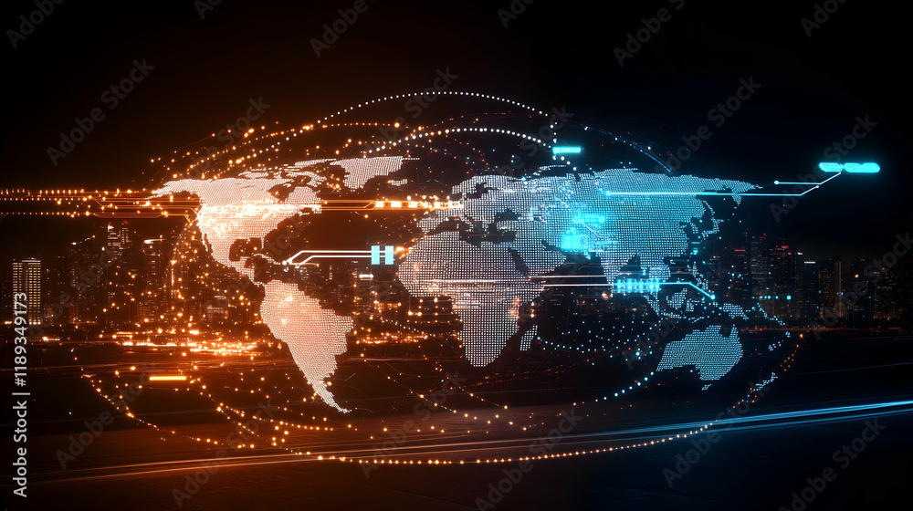 Global network connection, digital world map, city lights background, data transfer visualization, suitable for technology or communication concepts Global network connection, digital world map, city lights background, data transfer visualization, suitable for technology or communication concepts
