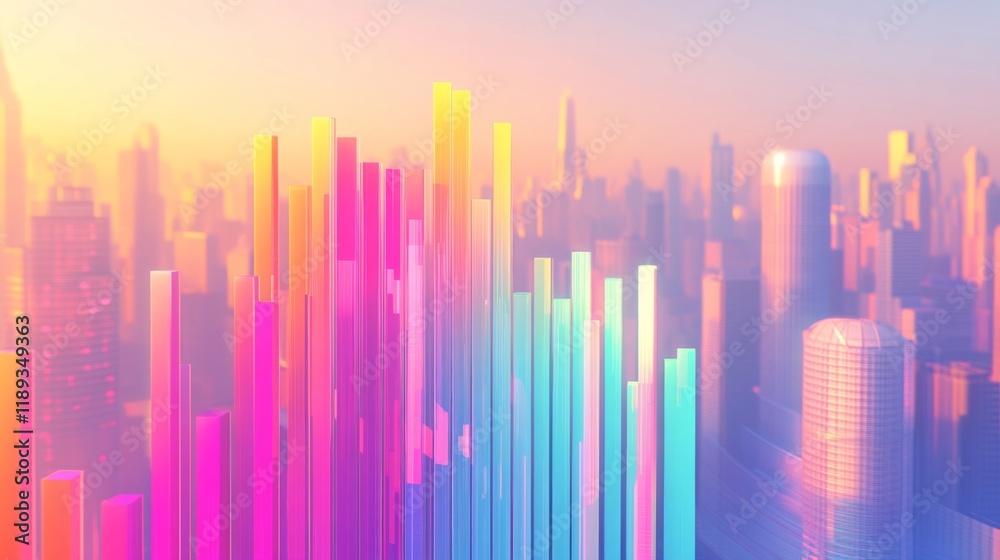 A top-down view of a vibrant D bar graph with floating bars arranged in a wave pattern, creating a visually dynamic effect against a soft-focus city skyline. A top-down view of a vibrant D bar graph with floating bars arranged in a wave pattern, creating a visually dynamic effect against a soft-focus city skyline.