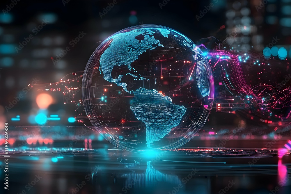 Global network connection, futuristic city background, data flow visualization, technology concept, website banner
